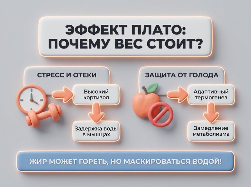 Инфографика адаптивного термогенеза и задержки жидкости из-за высокого уровня кортизола
